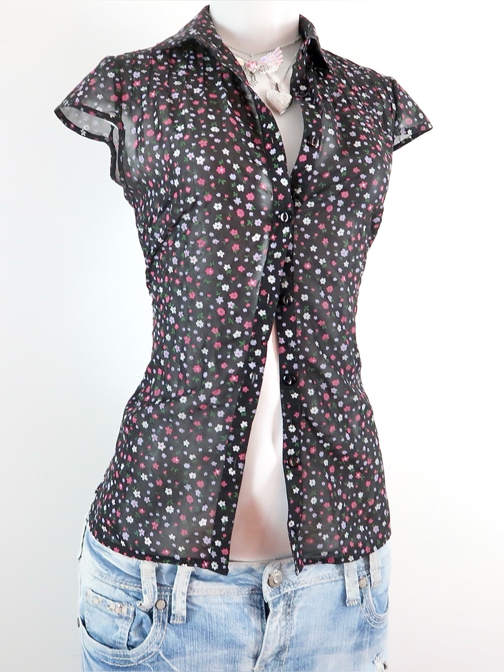 y2k sheer black floral button up blouse cap sleeve